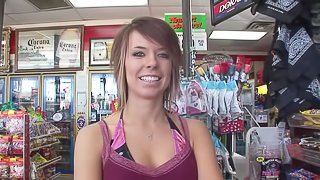 Amorous flasher with cute natural tits in an inviting miniskirt fingering vigorously in a car