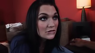 Sexy brunette with big tits masturbates with vibrator and slammed missionary