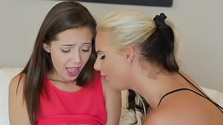 Sweet brunette bitch gets fucked by a raunchy blonde lesbian