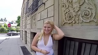 Cute big ass chick blows him in public and gets fucked in POV