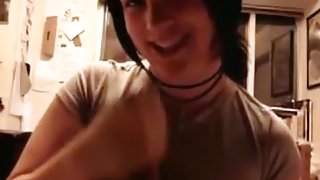 Big boboed brunette sucks, jerks and swallows her bf's cum.