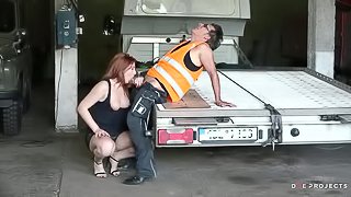 Sensual redhead girl Eva Berger demonstrates her skills for a worker