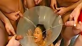 Nasty Asian Gets Fucked Hard and Pissed all Over Her Face By Several Dudes