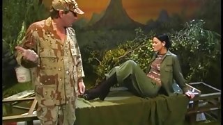 Military man sucks the toes of sexy girl