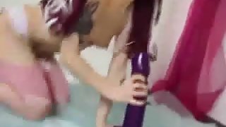 Goth girl masturbates with huge purple dildo