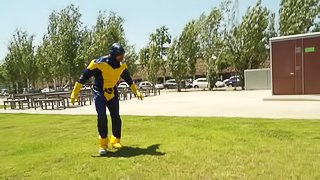 Yellow gloved superhero fucks a slut he meets in public