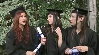 Three cute chicks celebrate their graduation and make lesbian love